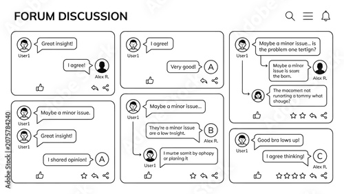 Wireframe design of an online forum discussion interface showing user comments and social interactions.