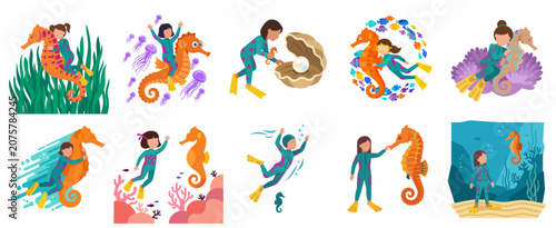 Quadro su tela Underwater Adventure Vector Set: Cute Diver Girl Interacting with Seahorses, Jel