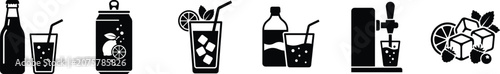 Photos Black and white soda drink icons with straws and glasses