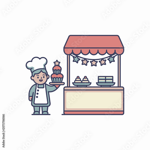 Happy baker holding a cupcake stand next to a festive dessert stall.