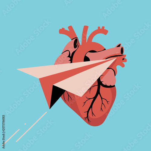 Heart with paper airplane flying out.