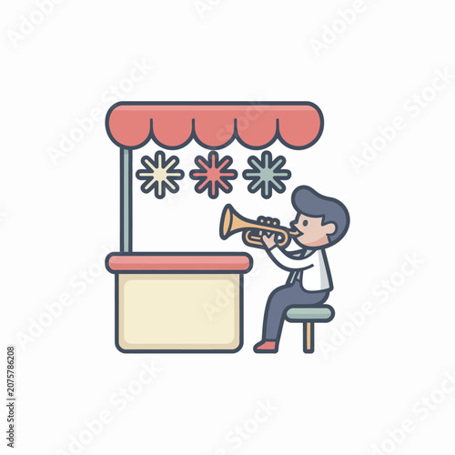 Man playing a trumpet outdoors sitting.