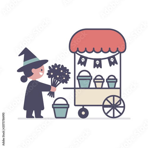 Witch selling flowers on cart.