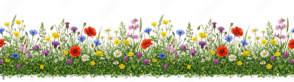 Fototapeta premium Vibrant seamless border of diverse wildflowers and green grass in a natural meadow setting