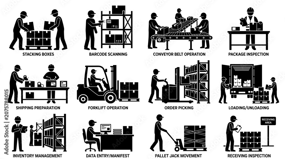 Obraz premium Distribution center worker activities and logistics process icons