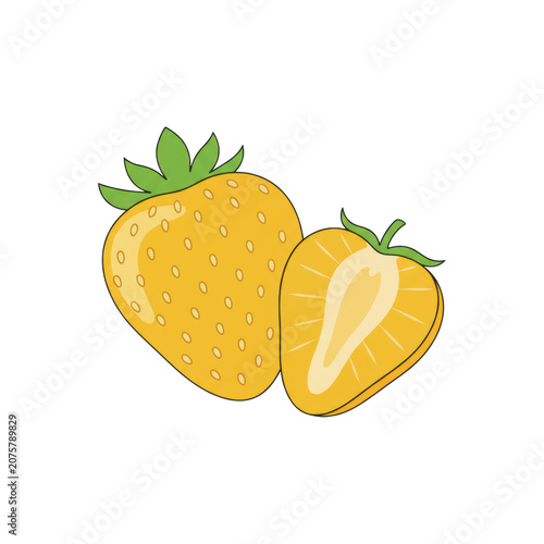 Two golden strawberries, one whole with green calyx, one sliced showing yellow interior, isolated on white in a minimalist vector art, healthy food concept