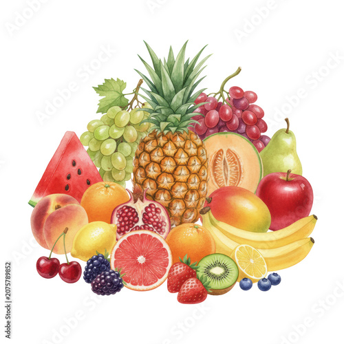 Watercolor illustration of various fresh fruits including pineapple, mango, and berries on a white background with soft brushstrokes bountiful harvest concept