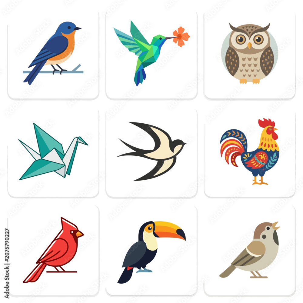 Obraz premium A grid of nine colorful and diverse bird illustrations, including a bluebird, hummingbird, owl, origami crane, swallow, rooster, cardinal, toucan, and sparrow.