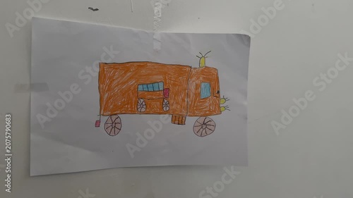 Children Simple Car Drawing in Bright Orange on The Wall