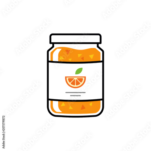 A vibrant orange marmalade in a cylindrical glass jar with a minimalist label featuring a halved orange icon, isolated on white for a fresh culinary branding concept.