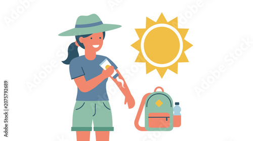 Woman applying sunscreen on arm with backpack and sun illustration