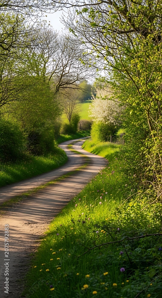 Fototapeta premium Serene forest path winding through lush greenery.