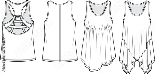 Fotografie Fashion technical sketch vector of women's tank tops and sleeveless tunics flat