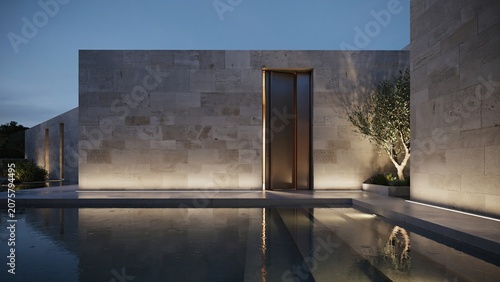 Building entrance with illuminated stone walls and a reflective pool creates a serene atmosphere at night.