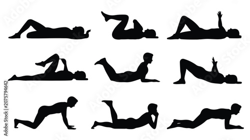 A set of nine yoga poses depicted in black silhouette on a white background