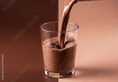 Thick chocolate protein shake pouring smoothly into a clear glass against a minimalist background, showing fluid motion and healthy texture, beverage, glass, milk