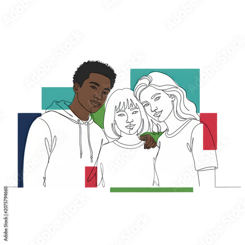 Three diverse young adults in a minimalist continuous black line drawing with colorful offset shapes on a plain white background concept of unity and friendship