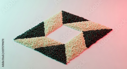 Tiny black and white edible grains create bold geometric shapes on a flat surface, highlighting natural textures and deep visual contrasts, triangle, duality, background