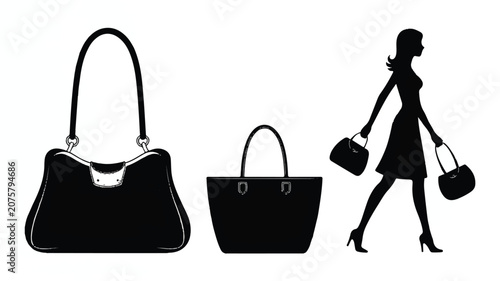 A woman walks with three different black handbags in her hands and beside her
