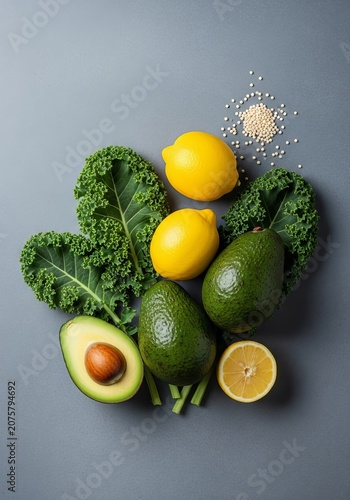 Top view of a minimalist composition featuring fresh kale leaves, bright lemons, ripe avocados, and raw quinoa seeds on a grey stone slab, clean, organic, balanced