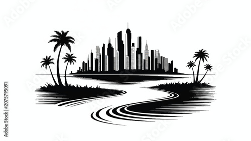 A minimalist black and white illustration of a city skyline with palm trees and a winding road.