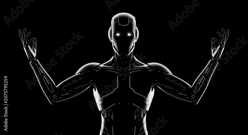 Futuristic robotic android figure with raised arms in black background.