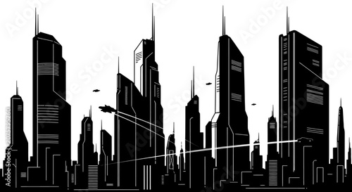 Futuristic sci-fi city skyline silhouette in black and white.
