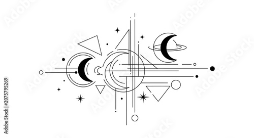 Geometric celestial symbols with crescent moons and geometric lines.