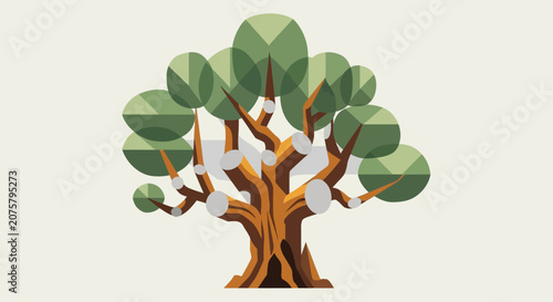 Geometric green tree icon on a neutral background.