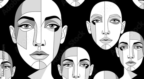 Geometric cubist style female face pattern illustration.