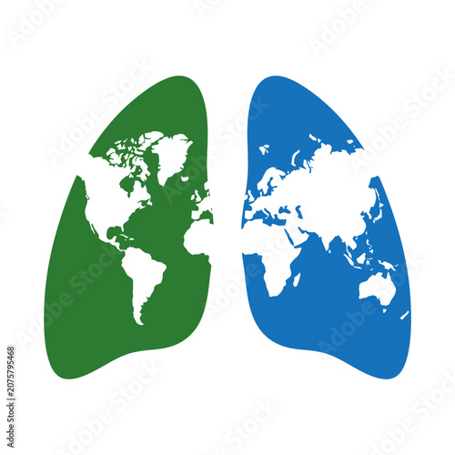 Global Health Graphic with Lung Map Concept. Green and blue lungs representing environmental sustainability and air quality for ESG and medical branding. Flexible Layout.
