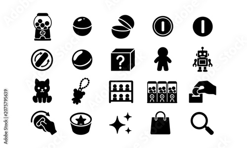 Japanese Gachapon Capsule Toy Machine Icon Set Black Silhouette Vector
