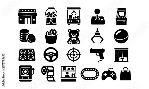 Schilderij op canvas Japanese Arcade Game Center Icon Set With Gachapon Black Silhouette Vector