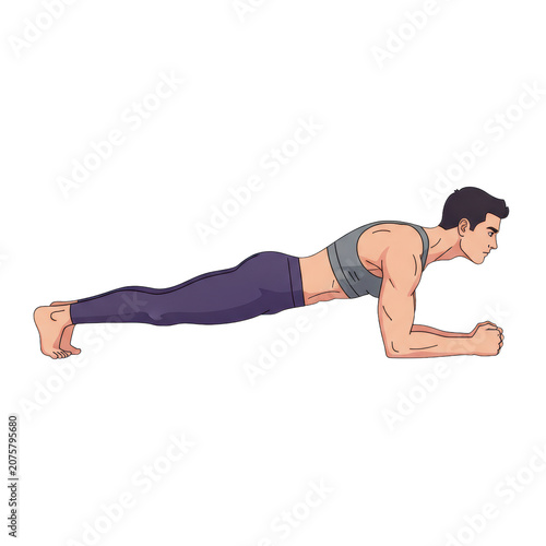 Athletic man with short dark hair in grey sports attire and purple compression leggings performing a side profile forearm plank on a white background fitness concept