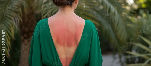 Woman in a green dress showing sunburnt red skin on her back in a garden setting, summer heat effects. Sun safety, skin health, uv protection.