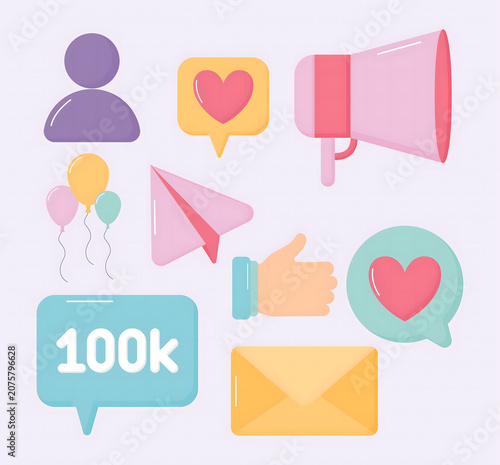 Social Media Marketing Flat Icon Set with User, Like, Megaphone, Message, Email and Engagement Symbols