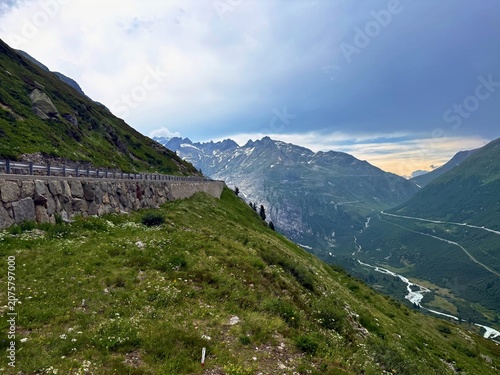 Konstfotografi Alpine viewpoint above Grimsel Pass over Gletsch and the braided