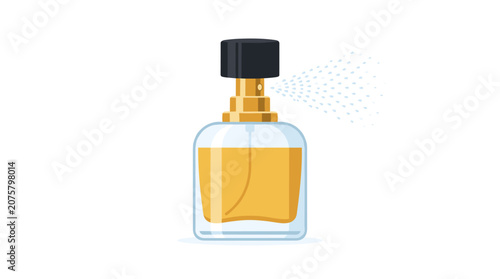 Obraz na płótnie Perfume Spray: A glass perfume bottle with a black cap sprays a fine mist, showcasing the elegant golden liquid inside