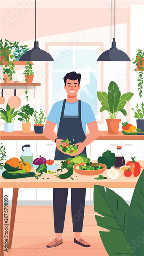 Chef preparing fresh salad in a kitchen.