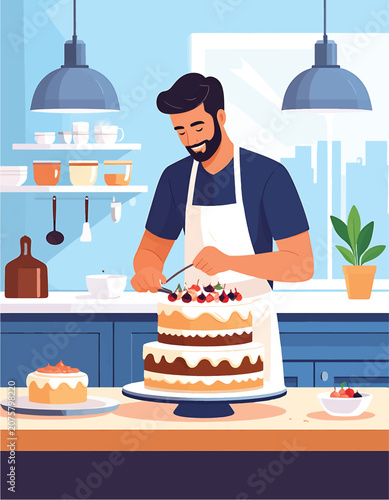 Chef presenting beautifully decorated cake in bakery.