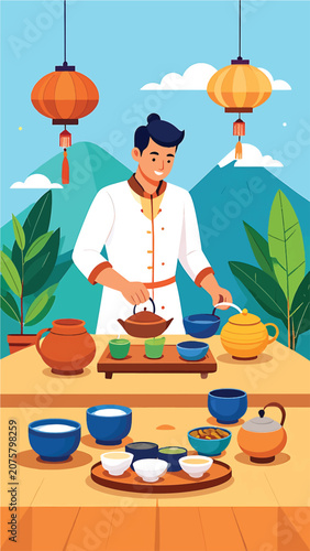 Chef preparing traditional cuisine with lanterns.