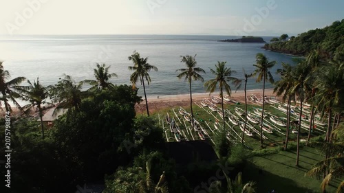 Aerial View of Virgin Beach Palm Forest, Ocean Horizon and Sun Reflection on Water in Bali