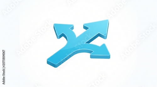 Glossy blue 3D isometric arrow branching into three different directions representing decision making and strategic path selection on white background