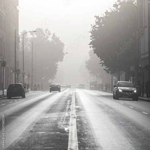 Misty street with vehicles