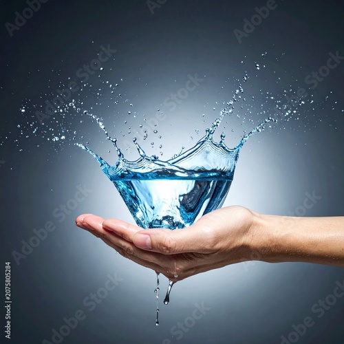 Hand holding splashing clear liquid