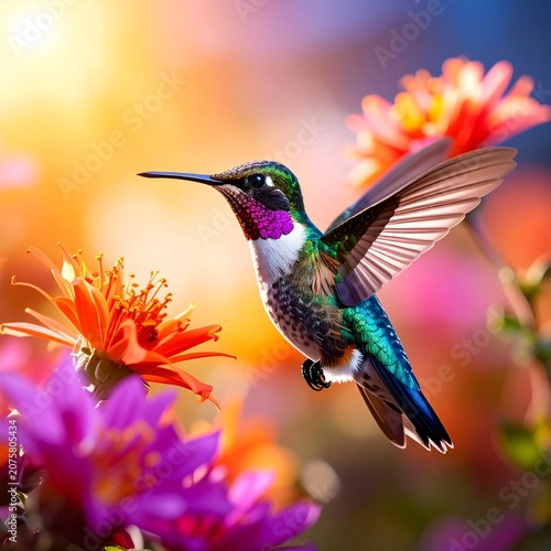 Hummingbird among colorful flowers