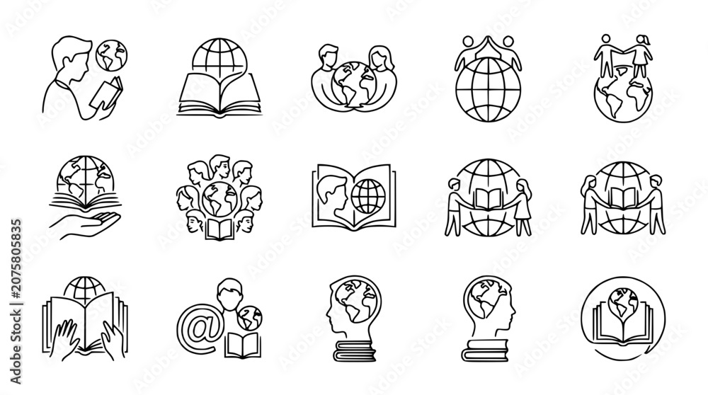 Fototapeta premium Global Education Icons: Learning, Reading, and International Collaboration Concepts