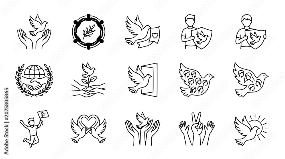 Fototapeta premium Peace Dove Icons Set: Unity, Hope, Freedom, and Harmony Symbols