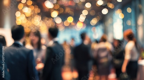 Blurred business networking event with bokeh lights and crowd