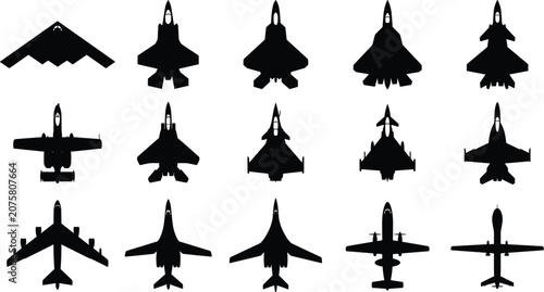Tableau sur toile Military Aircraft Silhouette Collection, Fighter Jet Airplane Icons, Vector Illu